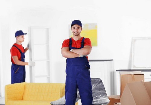 Office relocation planning in Brompton with packed boxes and office furniture
