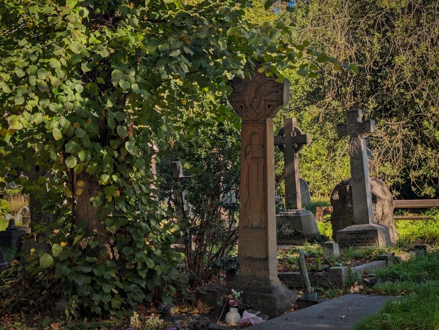 A photograph of a cemetery scene showcasing several old stone gravestones and memorial crosses, surrounded by dense green foliage and trees. The gravestones are made of different materials, including carved stone and granite, some featuring decorative elements such as crosses and carved figures. The scene is illuminated by soft, natural light, highlighting the textures and weathered surfaces of the headstones. In the foreground, there is a stone pathway leading through the graves, with a few small objects and flowers placed near the bases of some memorials. The greenery includes a large bush with broad leaves and tall trees with abundant branches, creating a peaceful and shaded environment. This setting suggests a quiet, well-maintained burial site, with [COMPANY_NAME] potentially involved in access or logistics for house or garden relocations, or perhaps maintenance of outdoor memorial arrangements, in the context of house removals or property changes.