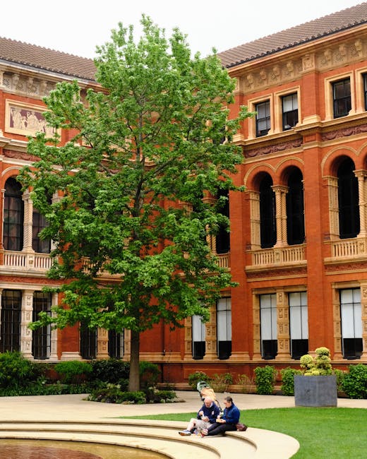 At the front of a historic red-brick building with ornate architectural details, a large green tree with abundant foliage stands prominently, partially obscuring the structure's multiple tall, narrow windows and decorative cornices. In the foreground, two individuals sit on a curved stone bench in the well-maintained lawn area, engaged in conversation. Nearby, a grey rectangular planter with small green plants adds to the landscaped setting. The scene suggests an outdoor space adjacent to a university or cultural institution, with the setting prepared for a home relocation or furniture transport process managed by Brompton Man and Van, as indicated by the context of house removals and moving services.